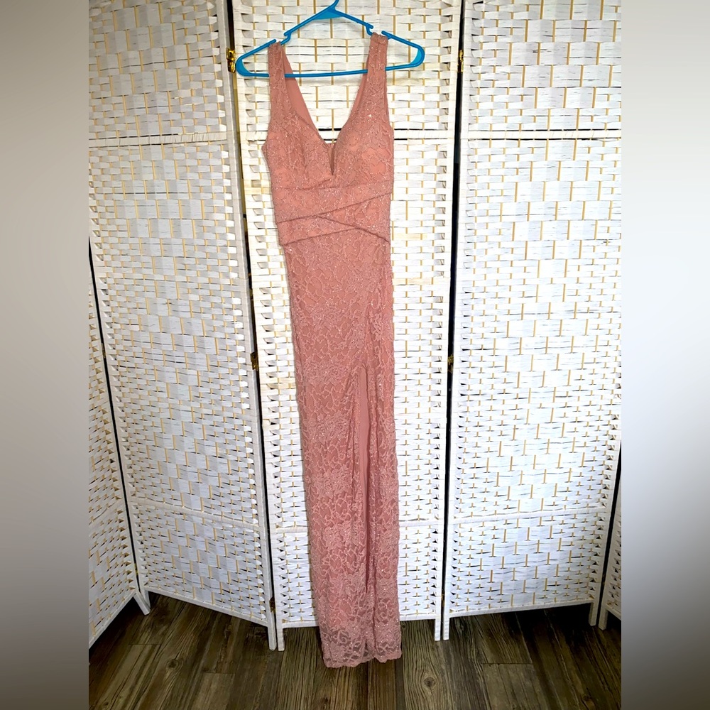 Gorgeous, floor-length, blush pink with sparkle dress, size small.